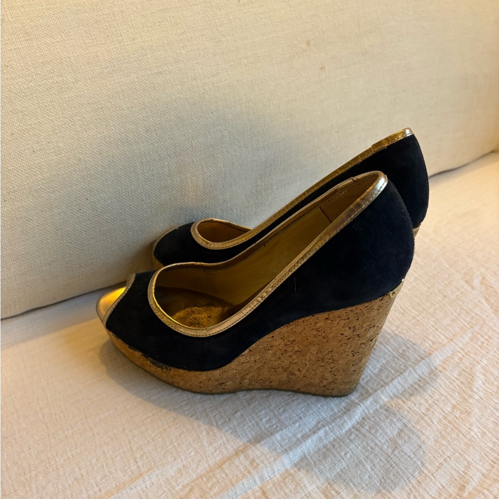 Jimmy Choo Gold and Blue Wedges with Peep-Toe Design